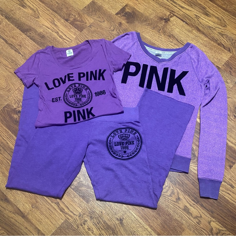 Victoria Secret Pink Wide Leg Mid Rise Sweatpants and T-Shirt Sz S Purple Y2K 86